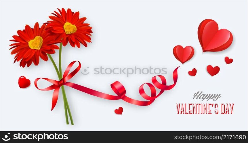 Happy Valentine&rsquo;s Day getting card with two red flowers and a red ribbon. Vector.
