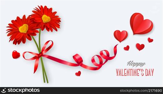 Happy Valentine&rsquo;s Day getting card with two red flowers and a red ribbon. Vector.