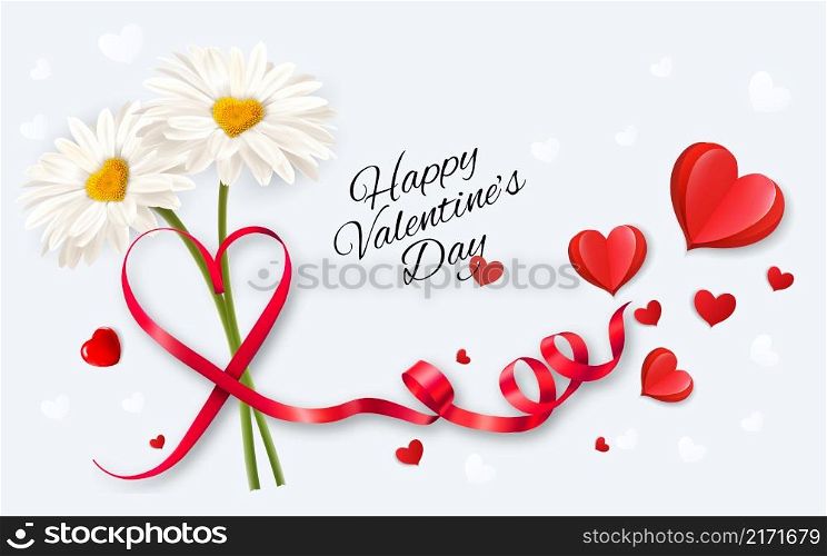 Happy Valentine&rsquo;s Day getting card with two white daisies and a red heart shape ribbon. Vector.