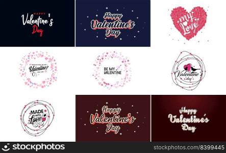 Happy Valentine&rsquo;s Day greeting background in papercut realistic style paper clouds. flying realistic heart on a string; pink banner party invitation template with calligraphy words text sign on copy space