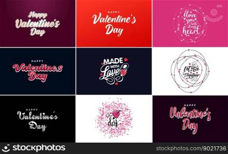 Happy Valentine&rsquo;s Day greeting background in papercut realistic style paper clouds. flying realistic heart on a string; pink banner party invitation template with calligraphy words text sign on copy space