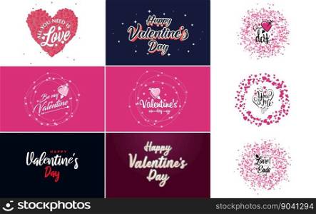 Happy Valentine&rsquo;s Day greeting background in papercut realistic style paper clouds. flying realistic heart on string; pink banner party invitation template; calligraphy words text sign on copy space