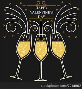 Happy valentine&rsquo;s day greeting card. EPS10 vector. Champagne glasses thin line.