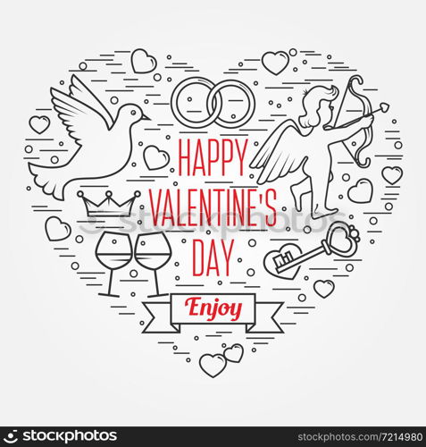 Happy Valentine&rsquo;s Day greetings card, labels, badges, symbols, illustrations, tattoo, t-shirts, banners, flyers and other types of business design. Thin line celebration elements icon.