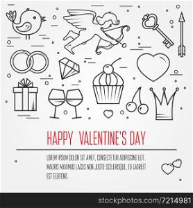 Happy Valentine&rsquo;s Day greetings card, labels, badges, symbols, illustrations, tattoo, t-shirts, banners, flyers and other types of business design with place or your text. Thin line celebration elements icon.