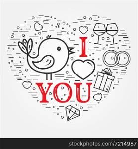 Happy Valentine&rsquo;s Day greetings card, labels, badges, symbols, illustrations, tattoo, t-shirts, banners, flyers and other types of business design with place or your text. Thin line celebration elements icon.