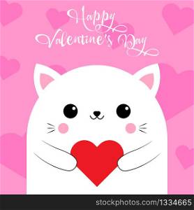 Happy Valentine&rsquo;s Day greetings from a cute cat with a heart on a pink background. Love card. Vector illustration. EPS 10