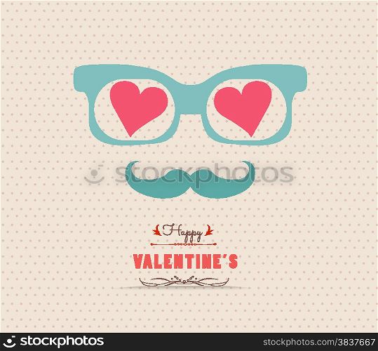 Happy Valentine&rsquo;s day postcard with hipster glasses and the mustache