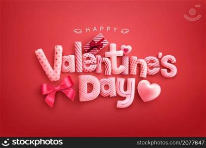 Happy Valentine&rsquo;s Day Poster or banner with cute font,sweet hearts and gift box on red background.Promotion and shopping template or background for Love and Valentine&rsquo;s day concept