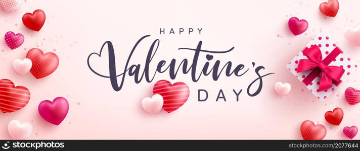 Happy Valentine&rsquo;s Day Poster or banner with sweet hearts and pink gift box on pink background.Promotion and shopping template or background for Love and Valentine&rsquo;s day concept