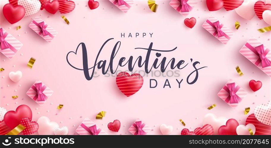 Happy Valentine&rsquo;s Day Poster or banner with sweet hearts and pink gift box on pink background.Promotion and shopping template or background for Love and Valentine&rsquo;s day concept