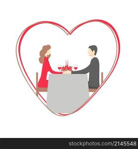Happy Valentine&rsquo;s Day. Romantic dinner. Happy couple sitting at restaurant table. Vector illustration. Happy couple sitting at restaurant table.
