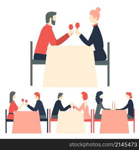 Happy Valentine&rsquo;s Day. Romantic dinner. Happy couples sitting at restaurant table. Vector illustration. Happy Valentine&rsquo;s Day. Romantic dinner