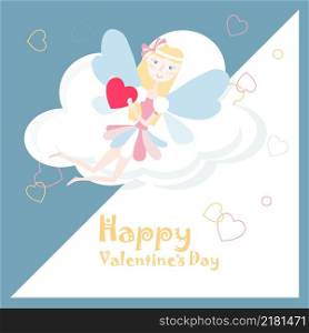 Happy Valentine's banner. Fairy flies with red heart in hands on clouds background