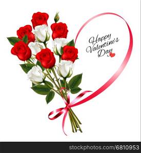 Happy Valentine's Day beautiful background with roses and red ribbon Vector.