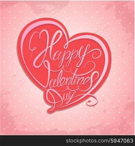 Happy Valentine`s Day. Calligraphic element, Hand written text in heart shape on pink polka dots background