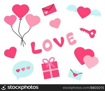 Happy Valentine's Day, color vector set. Balloons, hearts, letters, key, message, gift, hand lettering Love.