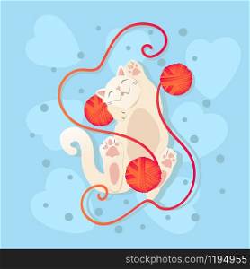 Happy Valentine's Day cute cat playing with wool ball, Valentines Day background and kitten, Valentine card and poster