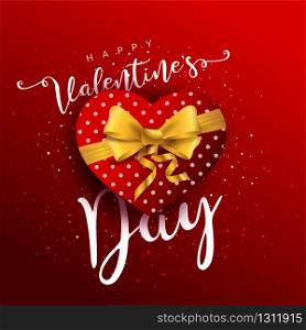 Happy Valentine's Day flyer or poster. Top view on gift box and bow with beautiful backdrop