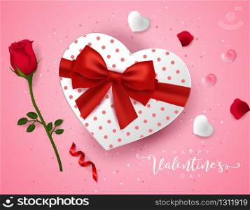 Happy Valentine's Day flyer or poster. Top view on love gift box and and rose flower. beautiful backdrop