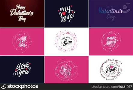 Happy Valentine’s Day greeting background in papercut realistic style paper clouds. flying realistic heart on string  pink banner party invitation template  calligraphy words text sign on copy space