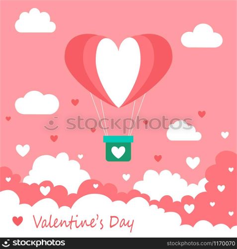 Happy Valentine's Day greeting card design. Holiday banner with hot air heart balloon.