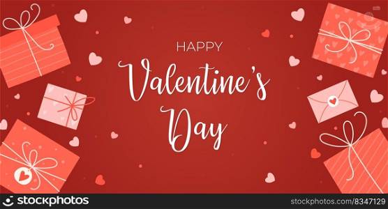 Happy Valentine s Day greeting card design with gifts and hearts on a red background. Suitable for a gift card, banner. Vector illustration. Happy Valentine s Day greeting card design with gifts and hearts on a red background.