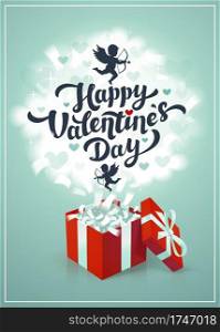 Happy Valentine s day greeting card - love day vector card or poster with red gift box and cupids in the clouds. Vector illustration. Happy Valentine s day greeting card - love day vector card or poster with red gift box and cupids in the clouds. Vector illustration.