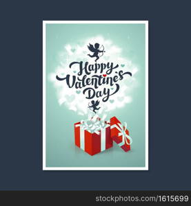 Happy Valentine’s day greeting card - love day vector card or poster with red gift box and cupids in the clouds. Vector illustration. Happy Valentine’s day greeting card - love day vector card or poster with red gift box and cupids in the clouds. Vector illustration.