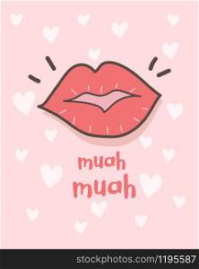 Happy Valentine's Day greeting card with lipstick Kisses, Valentines Day background with lips and Muah Phrases, Valentine card and poster