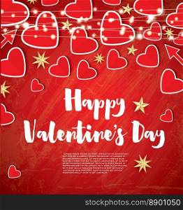 Happy Valentine’s Day Greeting Card with Red Hearts and Neon Garlands. Vector Illustration.