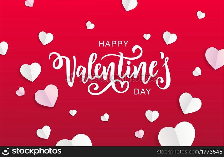 Happy Valentine?s day hand lettering typography poster on red gradient background. Vector illustration. Romantic quote postcard, card, invitation, banner template.