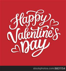 Happy Valentine’s day. Hand lettering white text with hearts on red background. Vector typography for banners, greeting cards, posters
