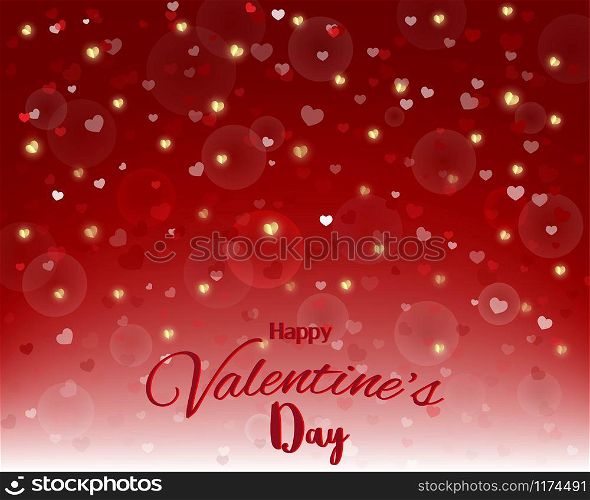 Happy Valentine's Day,light and hearts texture on red background,design with text for greeting card,poster or invitation,vector illustration