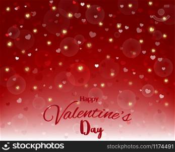 Happy Valentine's Day,light and hearts texture on red background,design with text for greeting card,poster or invitation,vector illustration