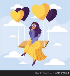 Happy Valentine's Day of girl in heart glasses and sitting on swing with heart balloons, Valentines card and poster