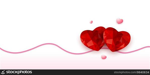 Happy valentine’s day origami red heart low polygon design with shadow and wavy line on white background. Vector illustration
