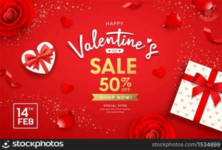 Happy Valentine's day Poster banners gift box heart shape, Rose petals and ribbon sale design on red background, vector illustration