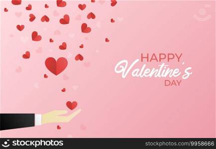 Happy valentine’s day red hearts fall vector hand and pink gradient background illustration.