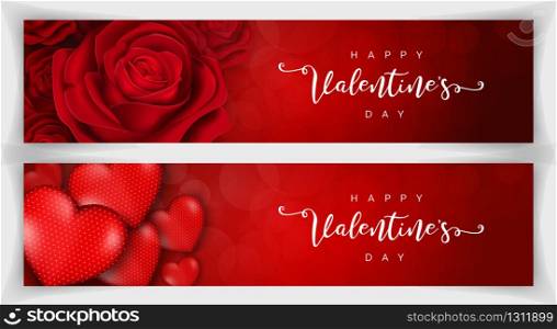 Happy Valentine's Day romantic realistic banner red background. Vector illustration for web.