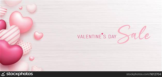 Happy Valentine s day sale, balloon colorful pink heart banner design on white wood background, Eps 10 vector illustration