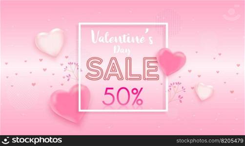 Happy valentine s day sale banner. Holiday background with flying balloons and streamers.Vector illustration for website,posters,ads,coupons,promotional material.