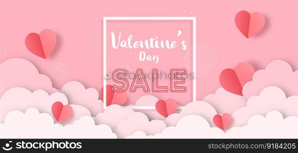 Happy valentine s day sale banner. Holiday background with hearts and badge for your text. Special offers, best deals, discounts. Shopping promotion and advertising. illustrator vector.