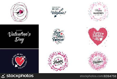 Happy Valentine’s Day typography design with a watercolor texture and a heart-shaped wreath