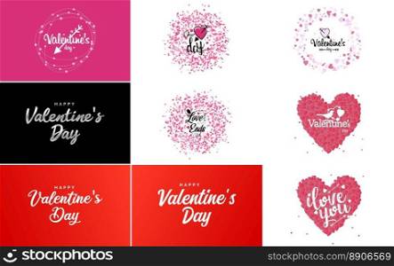 Happy Valentine’s Day typography design with a watercolor texture and a heart-shaped wreath