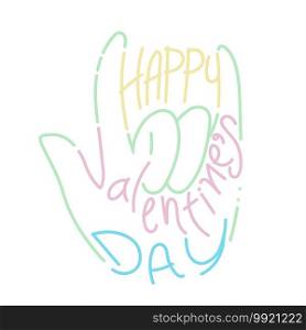 Happy Valentine’s day vector card. Happy Valentines Day lettering with pattern in I love you hand sign shape isolated on white background. vector illustration.