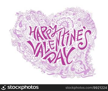 Happy Valentine’s day vector card. Pink Happy Valentines Day lettering with pattern in heart shape isolated on white background. vector illustration.