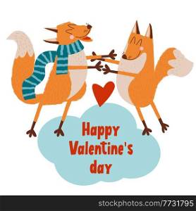 Happy Valentine’s day. Vector cute greeting card with foxes in love. Cute foxes on a blue cloud hug.. Happy Valentine’s day. Vector cute greeting card with foxes in love.