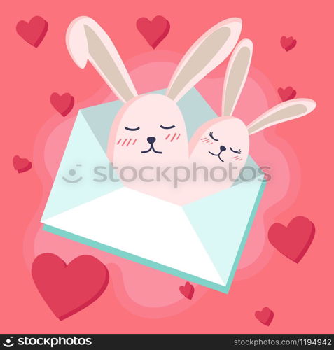 Happy Valentine's Day with bunny in love, Valentines Day background with couple rabbit in envelope, Valentine card and poster