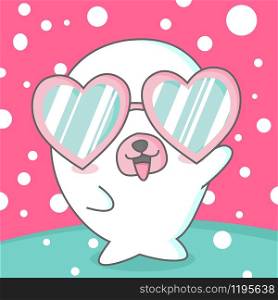 Happy Valentine's Day with cute baby seal in heart glasses, Valentines Day background, Valentine card and poster